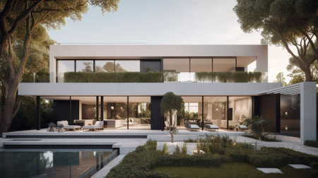 Luxury modern house with swimming pool and garden. Nobody insideの素材