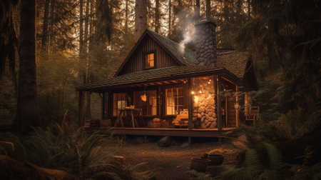 Wooden cottage in the woods at night.の素材