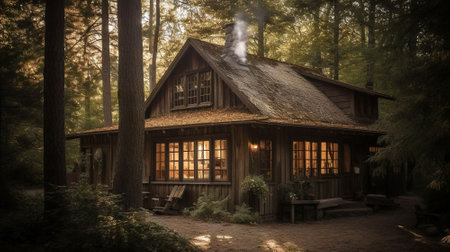 Old wooden house in the forest. Filtered image processed vintage effect.の素材
