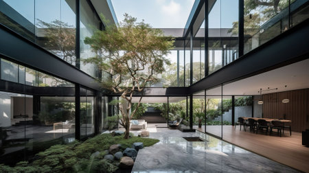 Interior of modern office building with glass walls and concrete floor.の素材