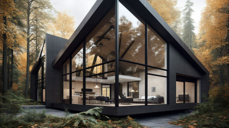 modern cozy house in the forest. Black and white designの素材