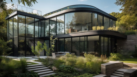 Modern architecture of a villa in the middle of the garden.の素材