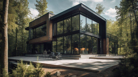 Modern house in the forest. Modern house in the forest. Beautiful nature.の素材