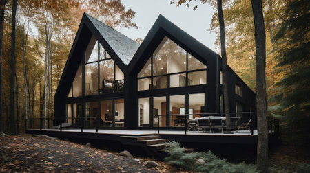 Modern black house with a garden in the middle of the forest.の素材
