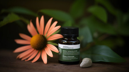 Essential oil with echinacea flower on wooden table background.の素材