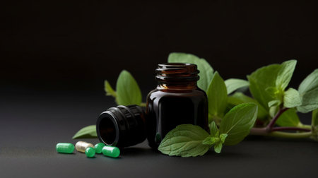 Medicine bottle with mint leaves and green pills on black background.の素材