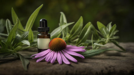 Aromatherapy essential oil with echinacea flower on wooden backgroundの素材