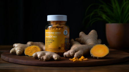 Turmeric roots and turmeric powder on a wooden board with black backgroundの素材