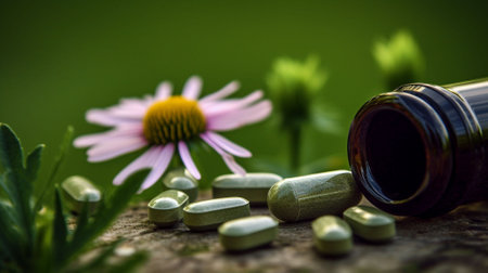 Herbal medicine pills and echinacea flower on wooden background.の素材