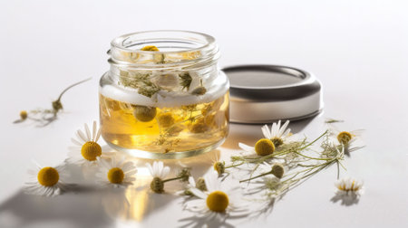 Herbal cosmetic cream in jar with chamomile flowers on white backgroundの素材