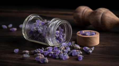 Dried lavender flowers in a glass jar on a wooden tableの素材