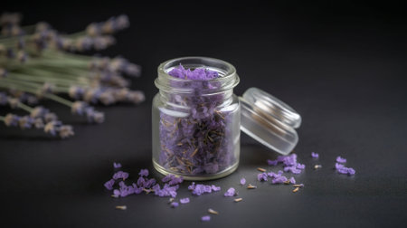 Lavender essential oil in a glass jar on a black background, ai generatedの素材