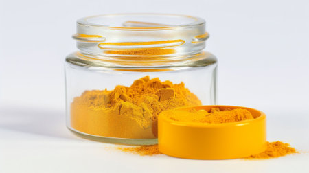 Turmeric powder in a glass jar isolated on a white background.の素材