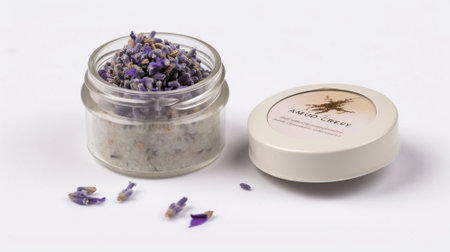 Jar of lavender soap with dry lavender flowers on white backgroundの素材