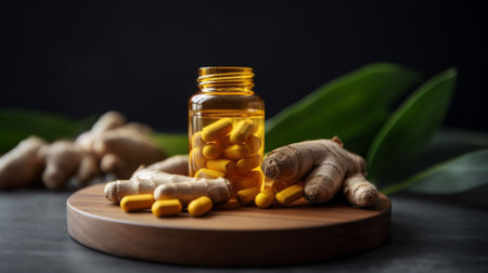Ginger essential oil in a glass bottle and ginger root on wooden board.の素材