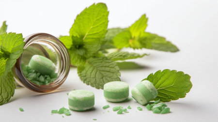 Mint and mint in a glass jar on a white background.の素材