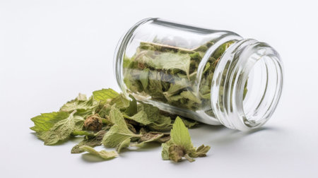 Dried mint leaves in a glass jar on a white background.の素材