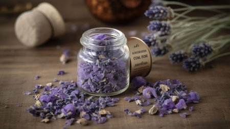 Lavender essential oil in a glass jar with dried lavender flowersの素材