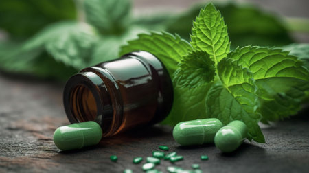 Mint leaves with green pills and bottle on table, closeupの素材