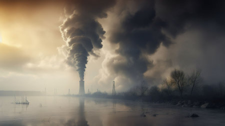 Smoke from the pipes of a power plant polluting the environmentの素材