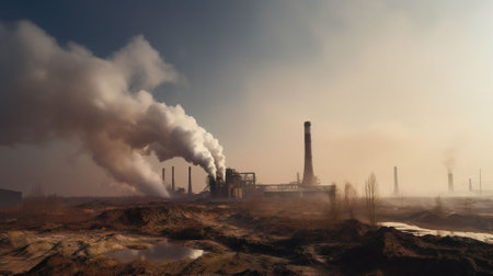 Industrial landscape with smoke stack.の素材