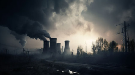 Power plant polluting environment with smoke and smog. Global warming conceptの素材