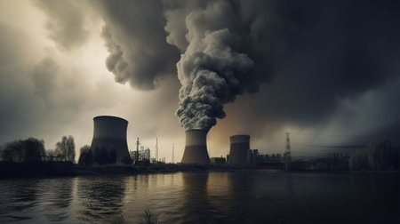 Nuclear power plant with smoke from chimneys on the water.の素材