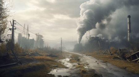Industrial landscape with smoke from the chimney of a power plantの素材