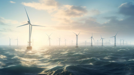An image of wind turbines in the sea at sunset.の素材