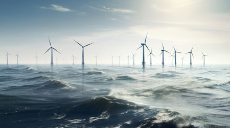 An image of wind turbines in a stormy sea.の素材