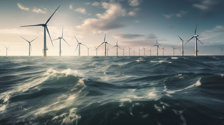 Wind turbines in a stormy sea.の素材