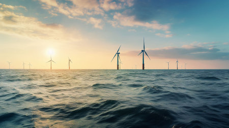 An image of wind turbines in the sea at sunset. nature backgroundの素材
