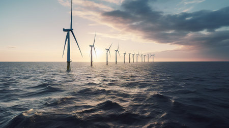 An image of windturbines in the sea at sunset.の素材