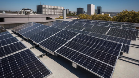 Solar panels on the roof of a modern building. Photovoltaic modules for renewable electric production.の素材