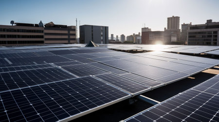 Solar panels on the roof of a modern building. Photovoltaic modules for renewable electric energy production.の素材