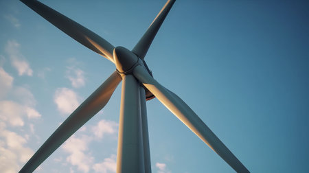 An image of windturbines on a background of blue skyの素材