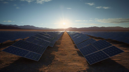 solar energy panels in the desert at sunsetの素材