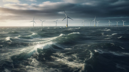 An image of wind turbines in a stormy sea.の素材