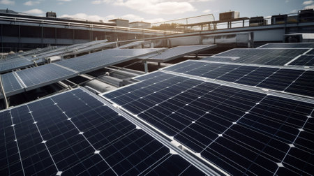 Solar panels on the roof of a building. Photovoltaic modules.の素材