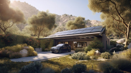 modern house with solar panels and a carの素材