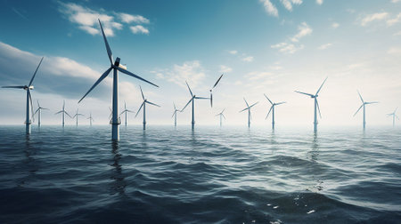 An image of windturbines in the sea.の素材