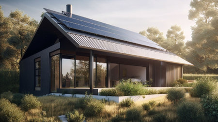 modern house with solar panels on the roofの素材