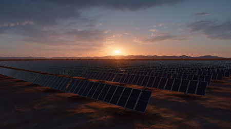 solar energy panels in the desert at sunsetの素材