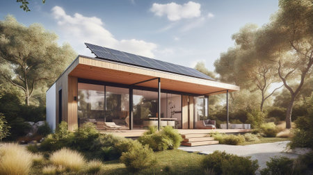modern house with solar panels on the roofの素材