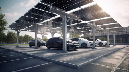 Car parking with solar panels in the background.の素材