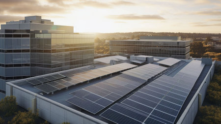 Solar panels on the roof of a modern office building.の素材