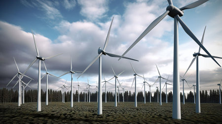 Wind turbines generating electricity in the middle of the field.の素材