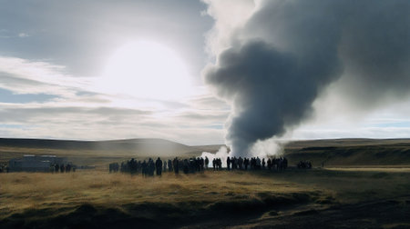 Icelandic landscape with geysers and houses in the backgroundの素材