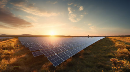 solar energy panels at sunset, solar panels on field,の素材