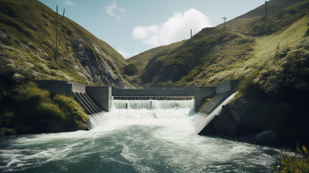 Panoramic view of a dam in New Zealand during daytime.の素材